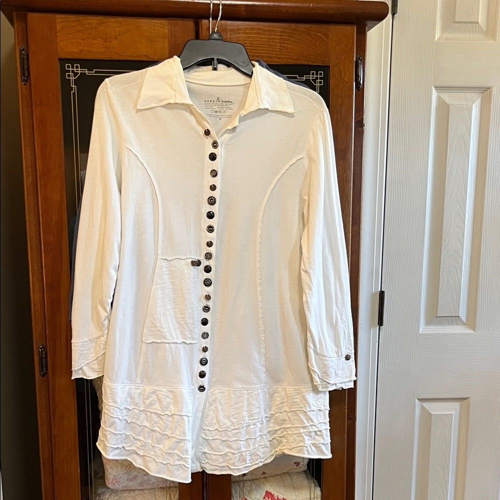 Neon Buddha White Button-Down Shirt with Ruffle Hem